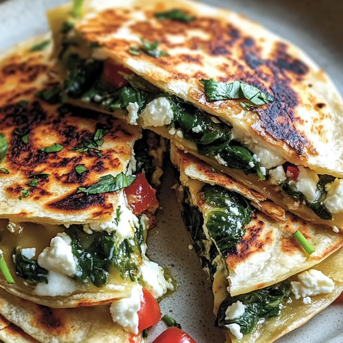 Mediterranean Quesadillas with Spinach, Feta, Mozzarella, and Red Onion