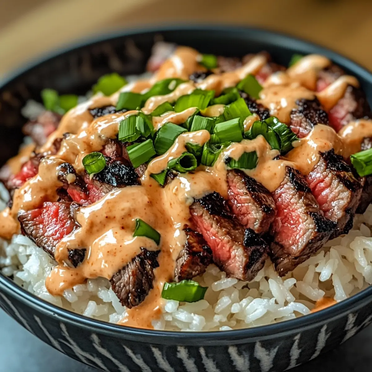 Korean BBQ Steak Rice Bowls with Spicy Cream Sauce